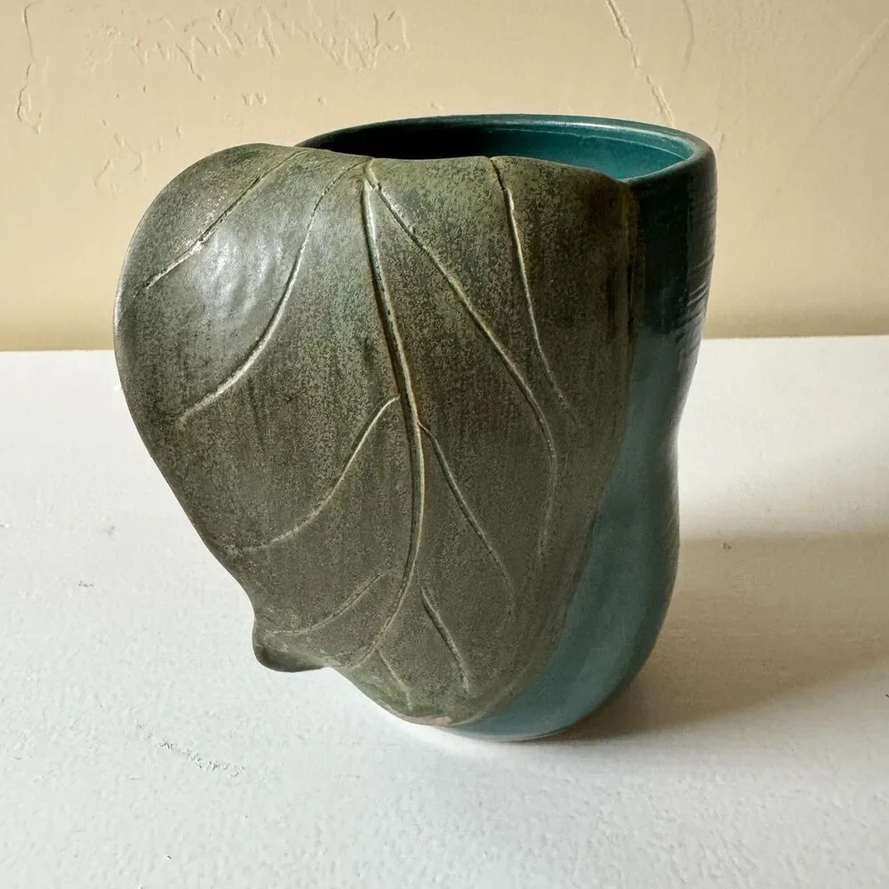 Handmade Leaf Handwarmer Ceramic Mug Dark Teal (Left)